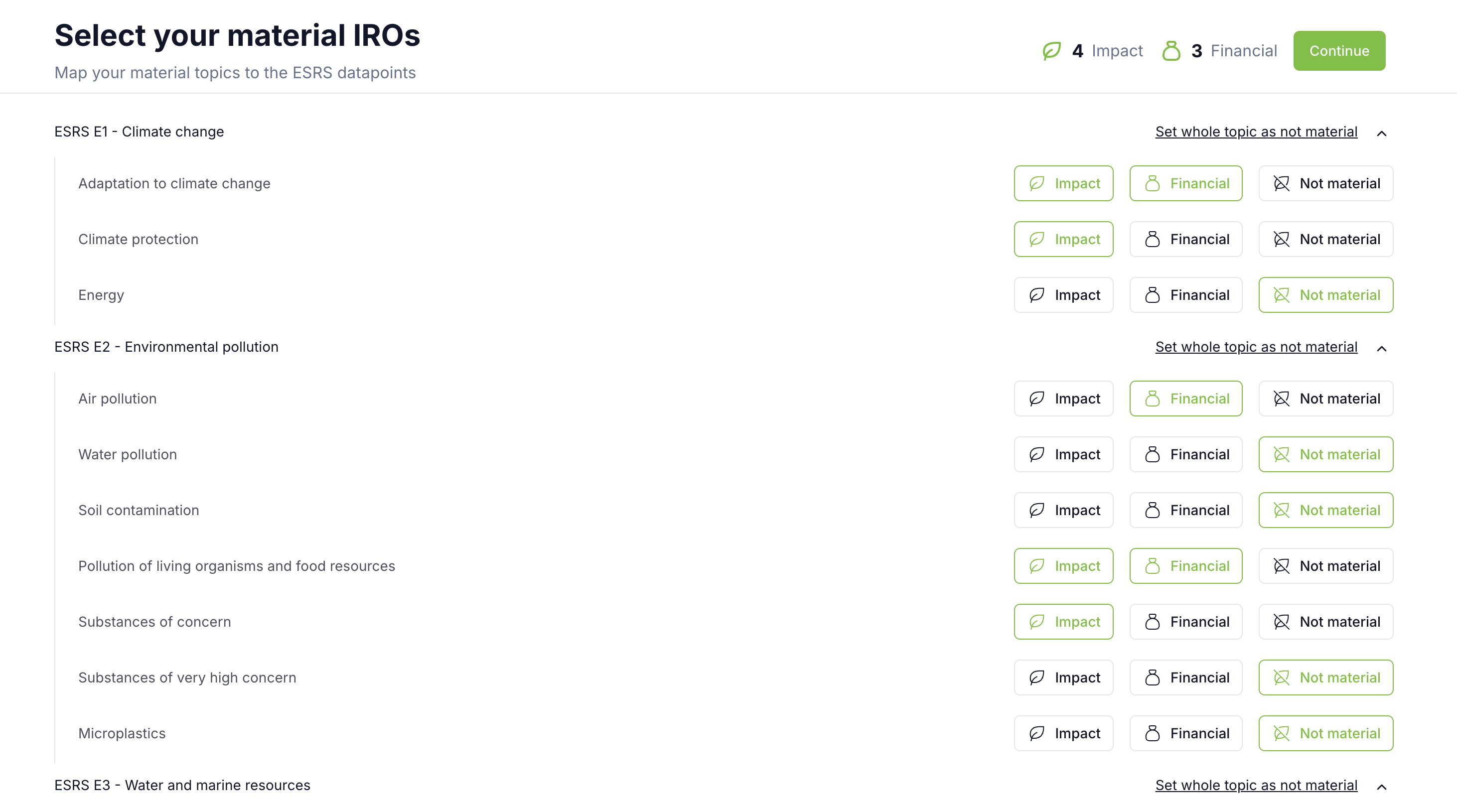 Datapoints Mapper - Select material topics